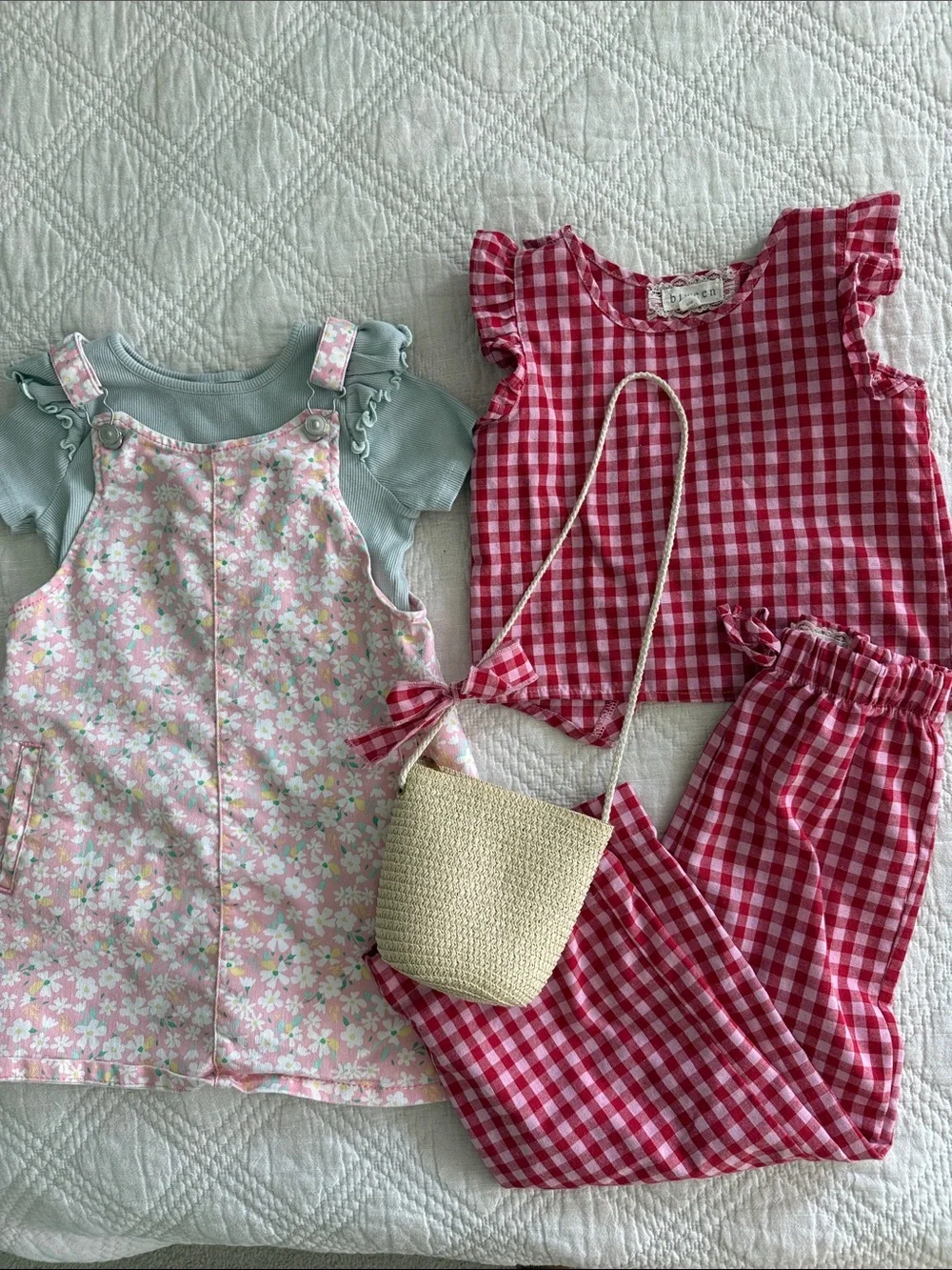 Btween Pink Gingham Wide-Leg Pants and Top and denim floral pink pinafore Sz 5